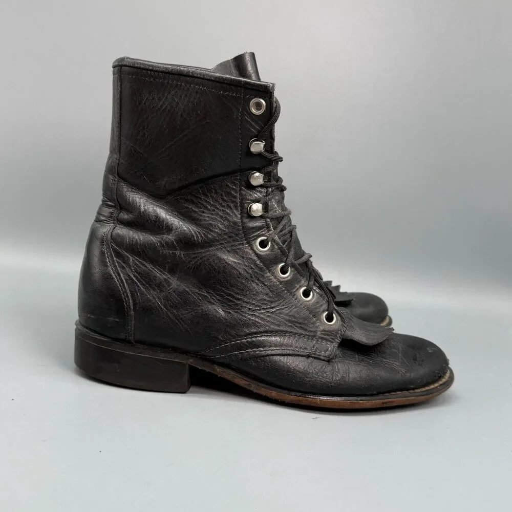 Laredo Kiltie Vintage Women's 7.5 Black Leather Western Boots Lace-Up Mid-Calf